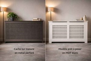 Vous hésitez entre un cache-radiateur sur mesure et un modèle prêt à poser ? Ce comparatif visuel met en scène les deux options dans un intérieur contemporain. Découvrez les avantages de chaque solution pour faire le bon choix selon vos besoins et votre budget