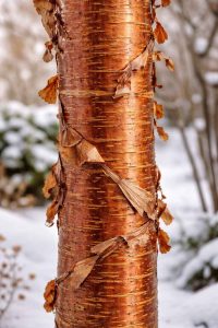 Détail de l'écorce cuivrée du lilas du Japon qui apporte un intérêt décoratif au jardin même en hiver