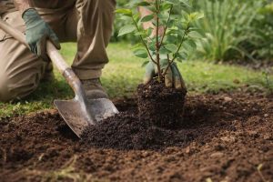 Étapes de plantation d'un lilas du Japon dans un sol enrichi en compost pour favoriser une bonne reprise