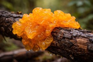 Photo macro d'un champignon orange gélatineux Tremella mesenterica poussant sur une branche morte humide en forêt. Cette espèce très commune apparaît souvent après la pluie et attire l'œil par sa texture translucide et brillante. Idéal pour illustrer un article sur les champignons orange présents sur le bois mort