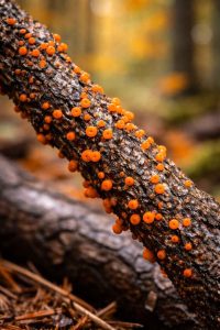 Gros plan vertical montrant de minuscules points orange du champignon Nectria cinnabarina sur une branche morte. Cette espèce discrète colonise souvent les arbres affaiblis et participe à la décomposition du bois dans les écosystèmes forestiers
