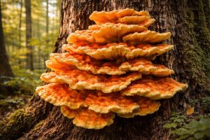 Magnifique polypore soufré (Laetiporus sulphureus) formant de larges étagères orange et jaunes sur le tronc d'un arbre. Ce champignon spectaculaire appelé aussi poulet des bois est l'un des plus reconnaissables sur le bois mort