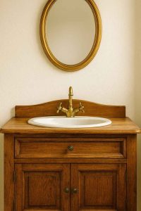 Meuble de salle de bain vintage en bois massif avec vasque céramique et miroir doré