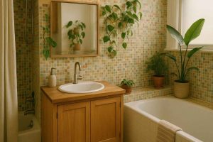 Salle de bain rétro chic avec mosaïque colorée, meuble bois clair et plantes vertes