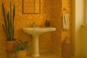 Salle de bain vintage des années 1970 avec papier peint orange à grands motifs
