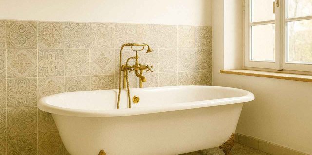 Salle de bain vintage rétro chic avec baignoire sur pieds et robinetterie en laiton
