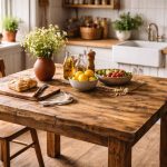 Table de cuisine en bois fabriquée soi-même dans une cuisine lumineuse