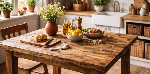Table de cuisine en bois fabriquée soi-même dans une cuisine lumineuse