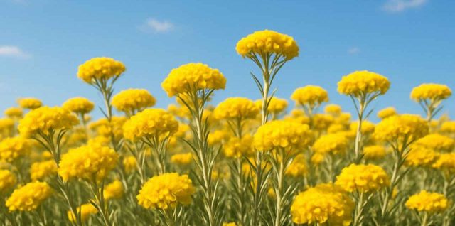 Un champ de fleurs immortelles jaunes éclatantes sous un ciel bleu ensoleillé