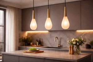 Suspensions design installées au-dessus d'un îlot central pour créer une ambiance lumineuse élégante dans une cuisine moderne