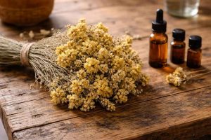 Un bouquet de fleurs immortelles séchées posé sur une table en bois rustique, à côté d'un flacon d'huile essentielle d'immortelle Corse