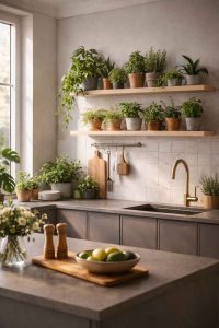 Plantes vertes et herbes aromatiques disposées dans une cuisine lumineuse pour apporter une touche naturelle et vivante à la décoration