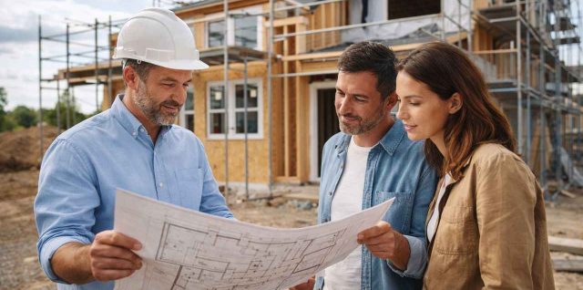Couple discutant avec un constructeur devant une maison en construction