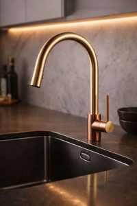 Robinetterie dorée et cuivrée pour cuisine moderne. Un détail élégant qui apporte une touche luxueuse à la décoration de cuisine