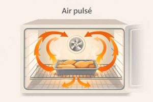 Infographie expliquant la circulation de l'air pulsé dans un four à chaleur tournante avec flèches directionnelles et indication du ventilateur central