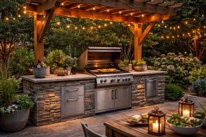 Un coin barbecue moderne installé dans un jardin avec plan de travail en pierre, barbecue intégré et éclairage extérieur chaleureux. Une inspiration parfaite pour créer un espace de cuisson convivial dans son jardin