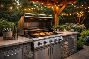 Un coin barbecue moderne installé dans un jardin avec plan de travail en pierre, barbecue intégré et éclairage extérieur chaleureux. Une inspiration parfaite pour créer un espace de cuisson convivial dans son jardin. Zoom sur le barbecue