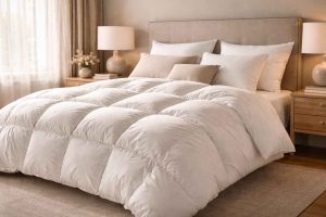 Chambre élégante avec une couette de luxe blanche et un linge de lit haut de gamme. Atmosphère douce et lumineuse idéale pour illustrer le confort d'une literie premium