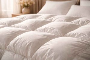 Gros plan sur une couette de luxe en duvet naturel montrant son gonflant et la texture du tissu en coton premium, symbole d'un confort haut de gamme