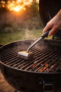 Nettoyage de la grille d'un barbecue avec une brosse métallique après une cuisson. Un geste essentiel pour entretenir son coin barbecue et prolonger la durée de vie de l'appareil