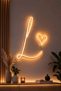 Décoration murale minimaliste avec une lettre en néon lumineuse apportant une touche design et moderne à l'intérieur