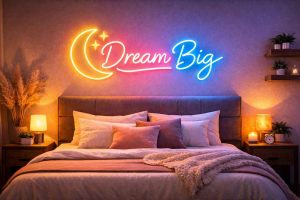 Chambre décorée avec un néon sur mesure au-dessus du lit créant une ambiance lumineuse douce et personnalisée