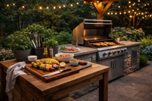 Un espace barbecue extérieur bien organisé avec plan de travail en bois, ustensiles et ingrédients prêts pour la cuisson. Une inspiration pratique pour aménager un coin barbecue fonctionnel