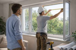 Un propriétaire discute avec un artisan spécialisé dans le remplacement de fenêtres. Ils prennent des mesures et analysent les menuiseries dans un salon lumineux. Image idéale pour illustrer la préparation d'un projet de rénovation de fenêtres