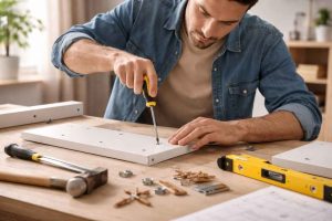 Bricoleur débutant réalisant un montage simple avec des outils de base. Illustration parfaite pour choisir ses premiers outils