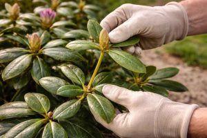 Sélection d'un jeune rameau de rhododendron pour réaliser une bouture et multiplier la plante