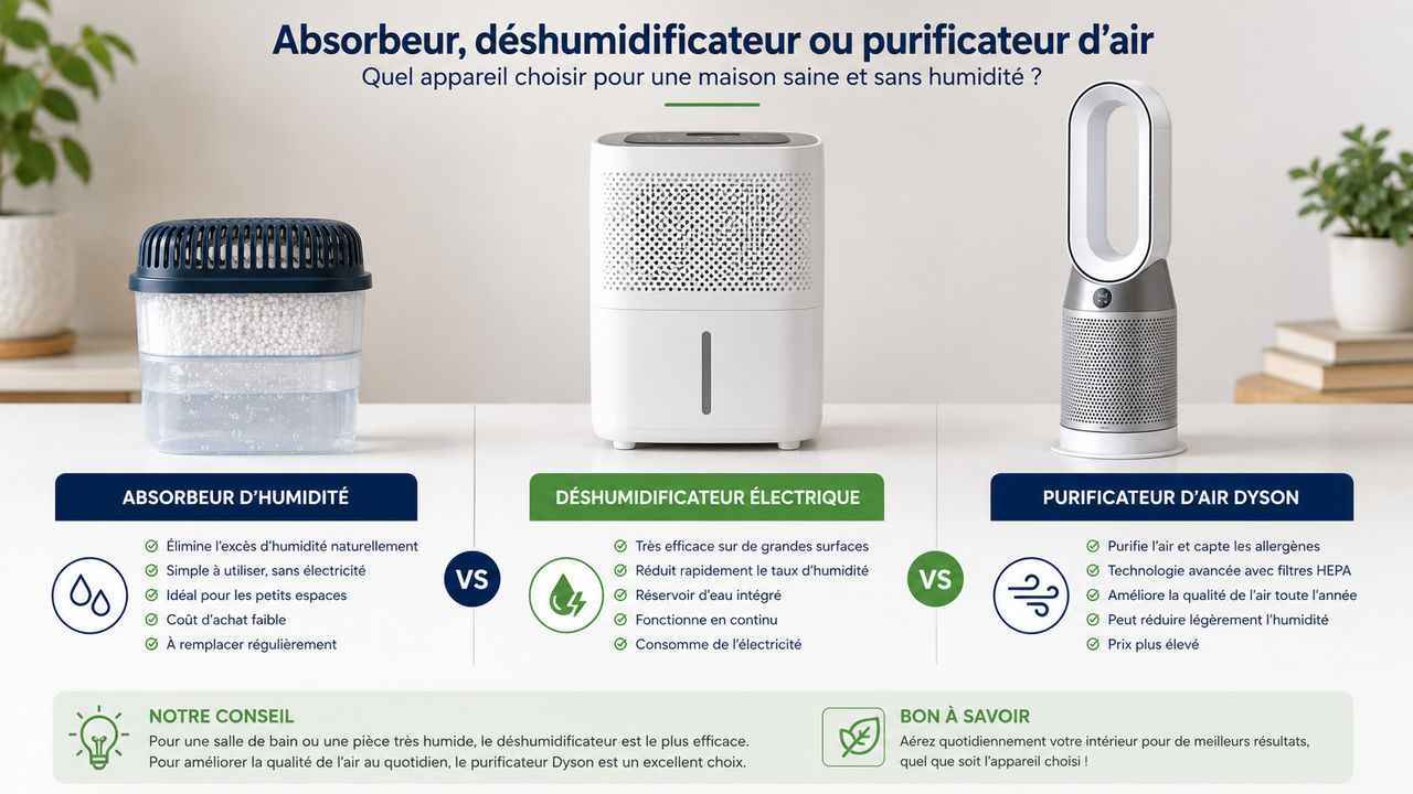 Absorbeur, déshumidificateur ou purificateur d'air ? Comparez les solutions pour éliminer l'humidité de votre salle de bain