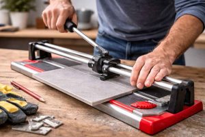 Bricoleur découpant un carreau de carrelage avec une carrelette sur un établi pendant des travaux de rénovation de salle de bain