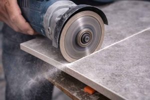 Découpe d'un carreau de carrelage à l'aide d'une scie circulaire diamant
