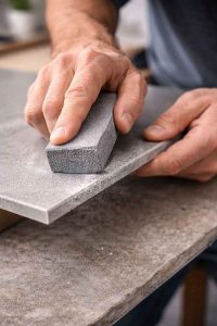 Finition des bords d'un carreau de carrelage après découpe à l'aide d'une pierre abrasive pour supprimer les éclats