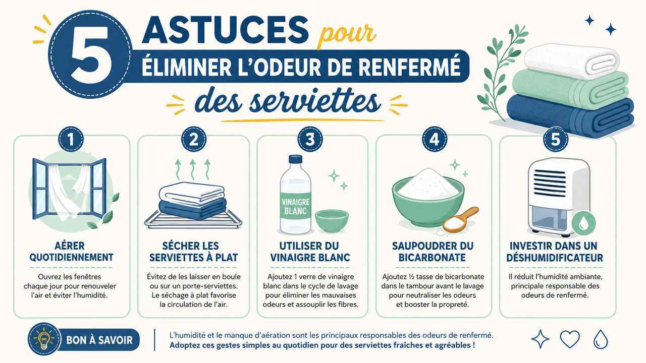 5 astuces pour dire adieu à l'odeur de renfermé sur vos serviettes de bain. Solutions naturelles et efficaces.