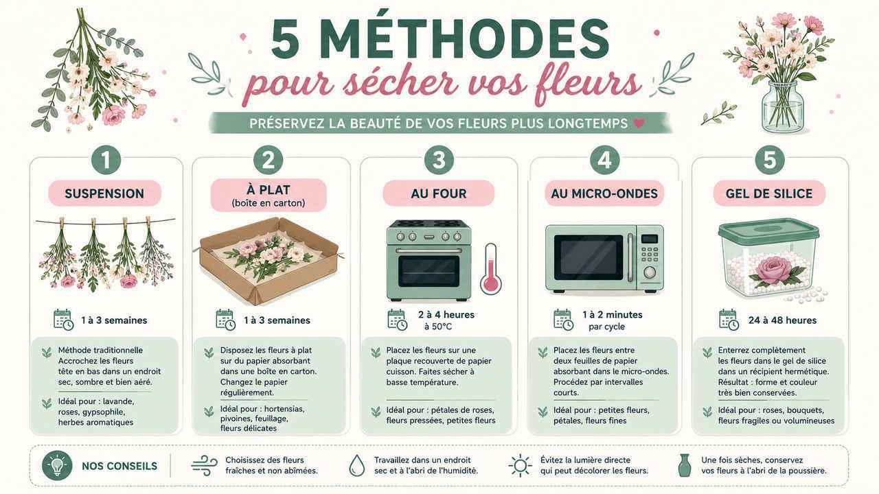 5 méthodes pour sécher vos fleurs : suspension, à plat, au four, au micro-ondes ou au gel de silice. Guide complet.
