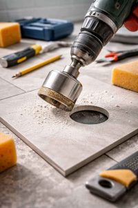 Perçage circulaire dans un carreau de carrelage à l'aide d'une scie cloche diamant pour passage de tuyau