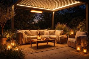 Terrasse aménagée sous pergola bioclimatique avec éclairage LED intégré et ambiance chaleureuse pour profiter des soirées en extérieur
