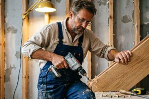 Artisan menuisier posant des marches d'escalier en bois lors d'une rénovation de maison. La pose d'un escalier suspendu ou sur mesure nécessite souvent le savoir-faire d'un professionnel spécialisé