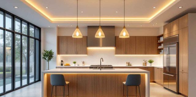 Inspiration pour un éclairage de cuisine ouverte moderne : suspensions chaudes, LED sous meuble et lumière naturelle pour une ambiance à la fois fonctionnelle et conviviale