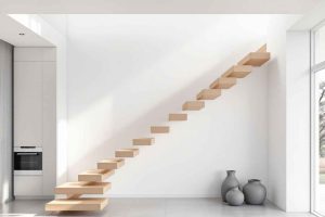 Escalier suspendu à marches flottantes en bois clair dans une maison moderne. Esthétique aérienne et minimaliste, idéal pour les intérieurs contemporains recherchant légèreté et design