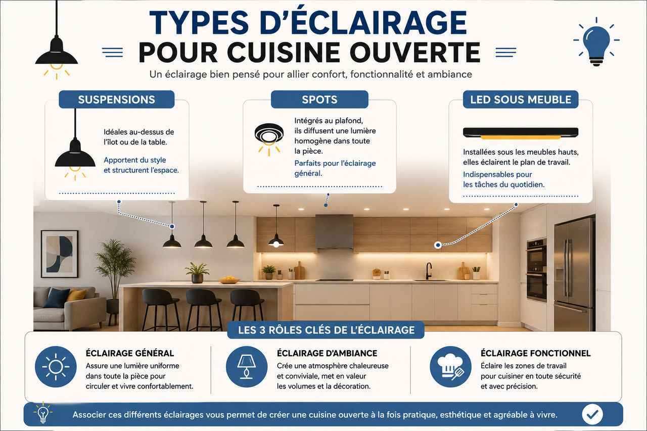 Infographie : les types d'éclairage pour une cuisine ouverte (suspensions, spots, LED sous meuble) et leur rôle (général, ambiance, fonctionnel)