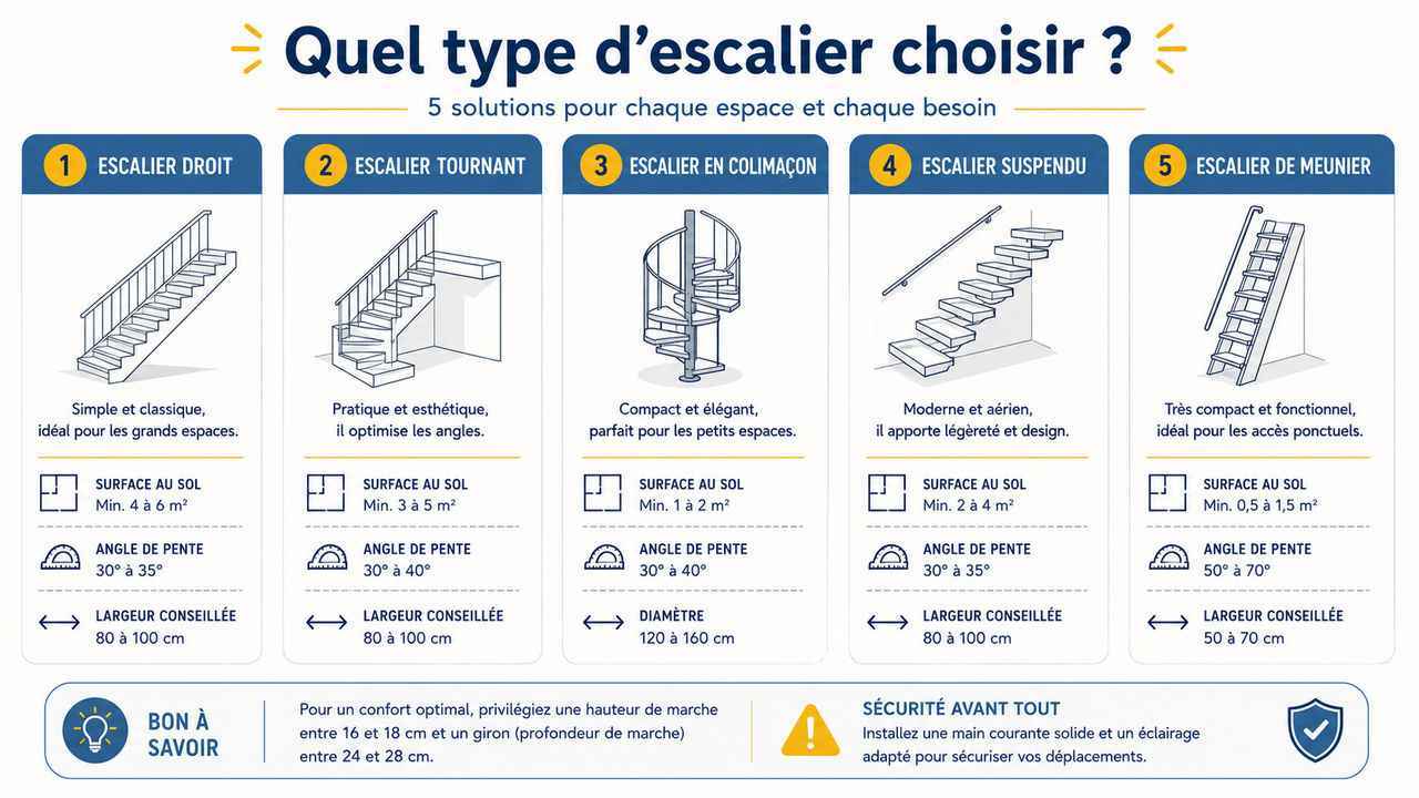 Infographie comparative des 5 principaux types d'escaliers intérieurs : droit, tournant, colimaçon, suspendu et de meunier. Avec surface au sol et angle de pente pour aider à choisir selon votre espace