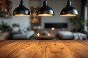 Idée déco : suspensions en métal noir pour éclairer un îlot central dans une cuisine ouverte. Parfait pour un style industriel