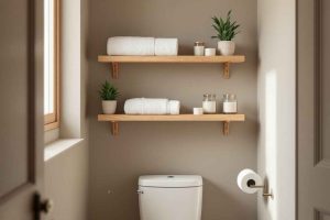 Rangements malins : étagères en bois pour une salle de bain organisée et stylée. Parfait pour gagner de la place tout en gardant un accès facile