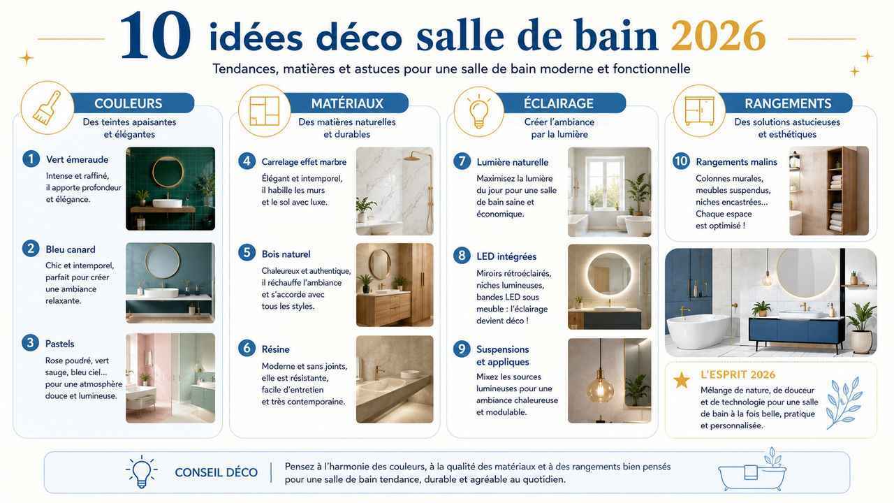 Infographie : idées tendances pour décorer votre salle de bain en 2026 (couleurs, matériaux, éclairage, rangements)