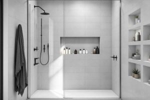 Rangements pratiques : niches encastrées dans la douche pour garder vos produits de toilette organisés et accessibles