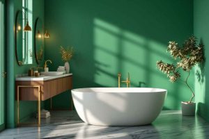 Inspiration déco 2026 : une salle de bain élégante avec des murs vert émeraude, une baignoire blanche et des accents dorés pour un style luxueux et naturel