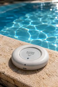 Gros plan sur une alarme de piscine immergée installée sur la margelle, montrant son design discret et son intégration dans l'environnement aquatique