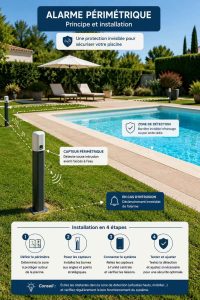 Vue d'une installation d'alarme périmétrique autour d'une piscine, montrant les capteurs placés stratégiquement pour assurer la sécurité